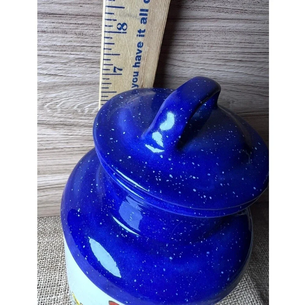 Vintage Ceramic Chicken Floral Strawberry Kitchen Canister Jar Blue Lid